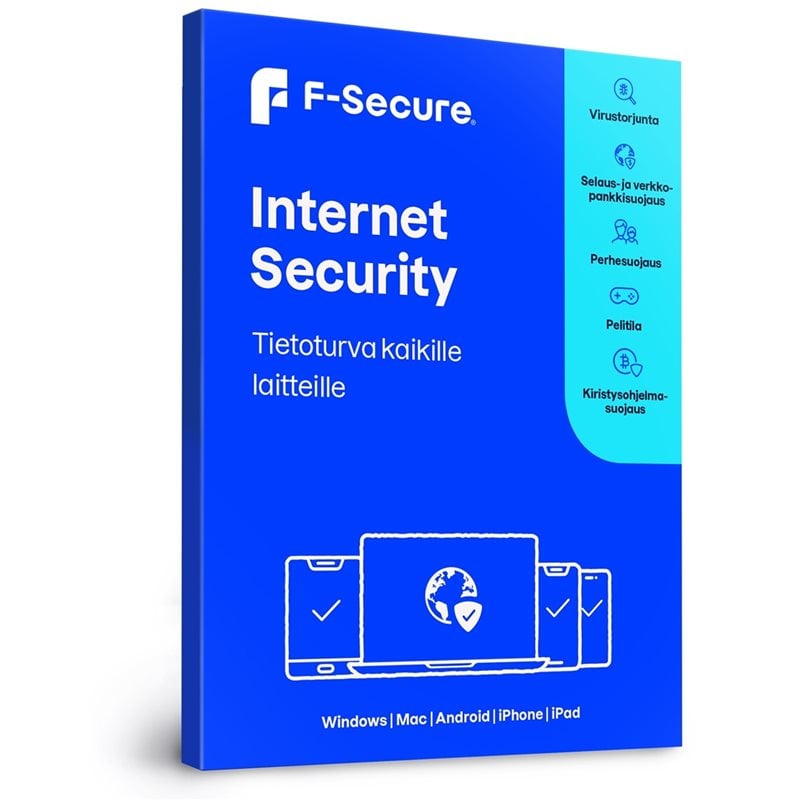 F-Secure Internet Security (Safe) -tilauslisenssi, 1 vuosi, 5 laitetta, retail-paketti