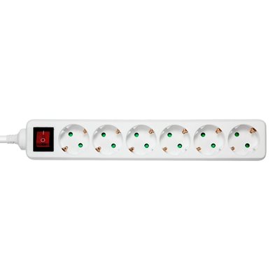 Deltaco Maadoitettu jatkojohto kytkimellä, 6x Schuko, 3m, valkoinen