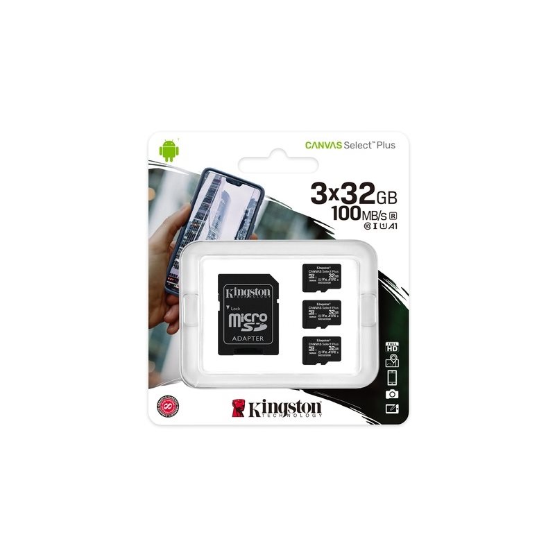 Kingston 32GB Canvas Select Plus microSDHC-muistikorttipakkaus, Class 10, UHS-I, 100 MB/s