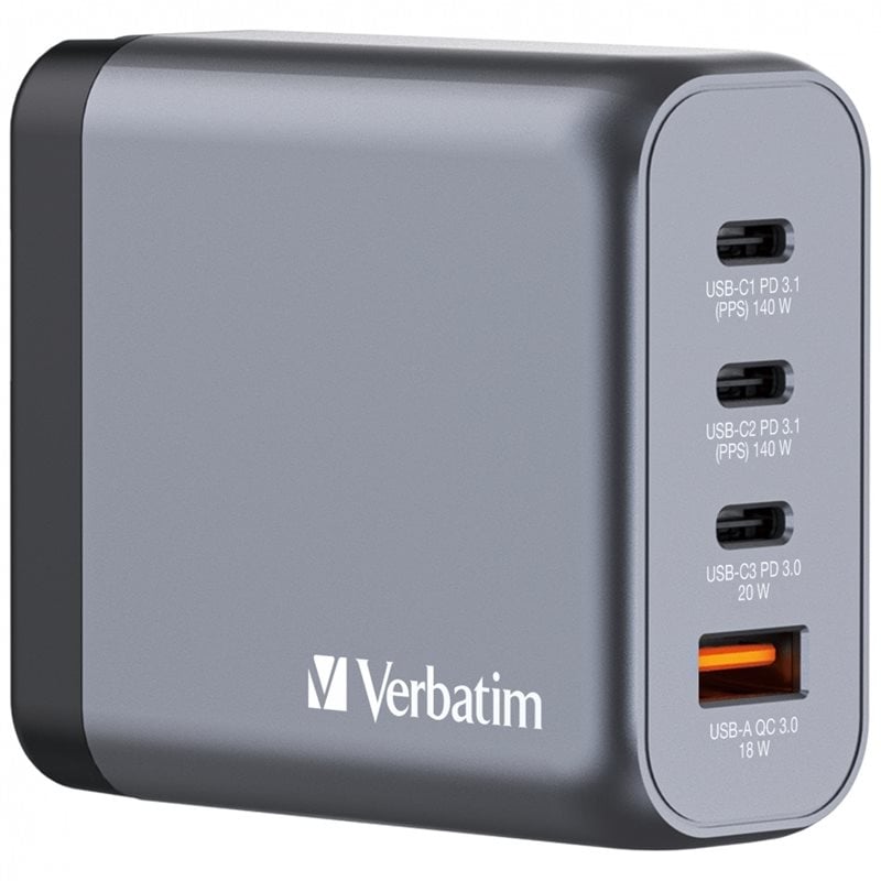 Verbatim 140W GaN-verkkovirtalaturi, 3x USB-C PD3.1, USB-A QC3.0, harmaa