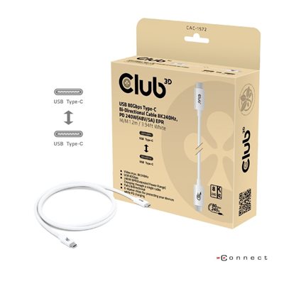 Club 3D USB4-C -kaapeli, 80 Gbps, EPR PD 240W, 4K540Hz, 1,2m, valkoinen