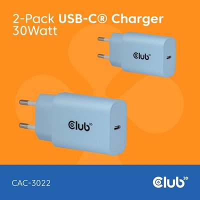 Club 3D 30W GaN-verkkovirtalaturi, USB-C PD3.0, sininen, 2 kpl