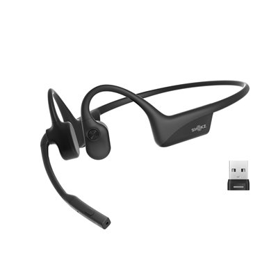 Shokz OpenComm2 UC 2025, langattomat luujohdekuulokkeet mikrofonilla, Bluetooth 5.1, USB-A dongle, musta