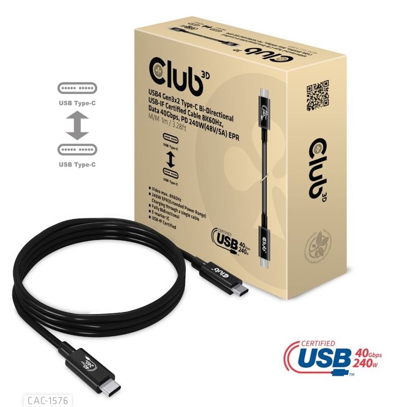 Club 3D USB4-C Gen3x2 -kaapeli, 40Gbps, PD3.1 5A 240W, 1m, musta