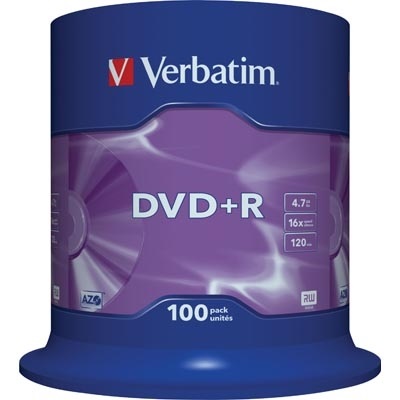 Verbatim DVD+R, 16x, 4,7 GB/120 min, 100-pakkaus spindle, AZO