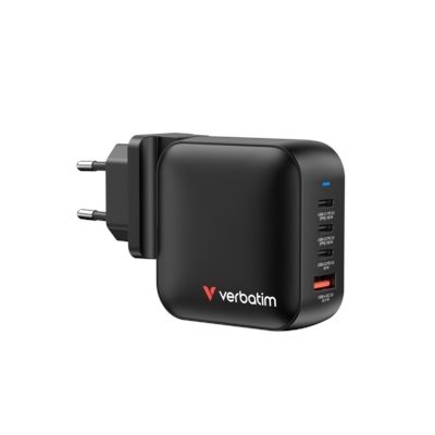 Verbatim 100W GaN-verkkovirtalaturi, 3x USB-C PD 100+100+20W, USB-A QC3 22,5W, musta