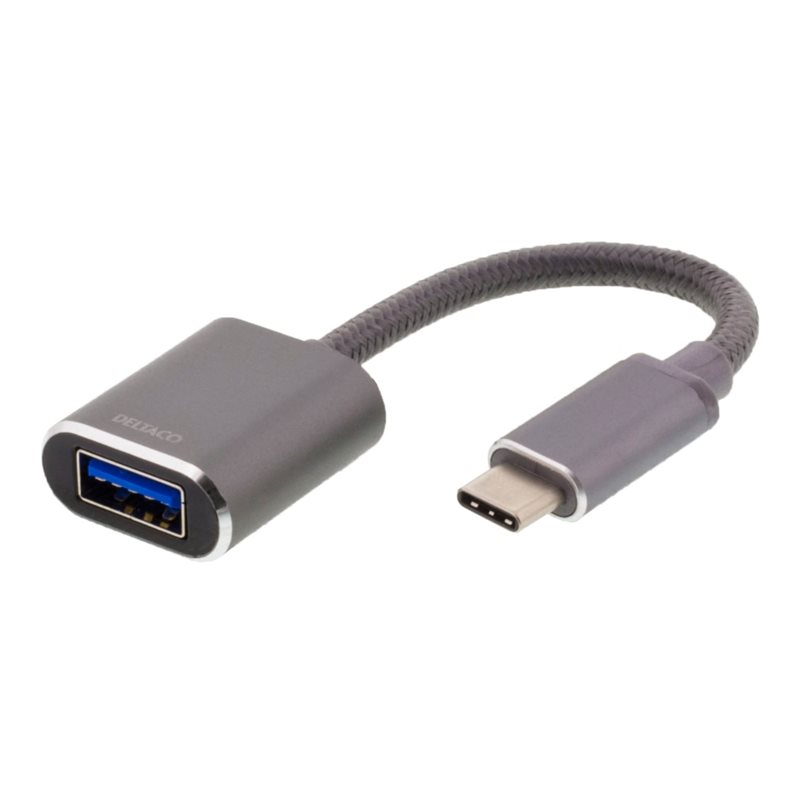 Deltaco 3.2 Gen1 USB-C - USB-A OTG-sovitin, alumiinia, tähtiharmaa