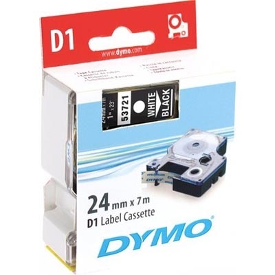 Dymo D1 merkkausteippi 24 mm, musta teippi/valk teksti, 7 m