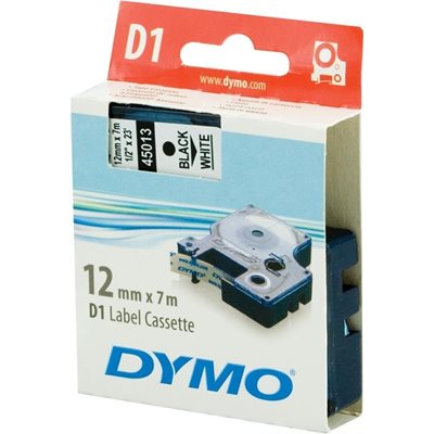Dymo D1 -merkkausteippi, 12mm, 7m, valkoinen/musta teksti