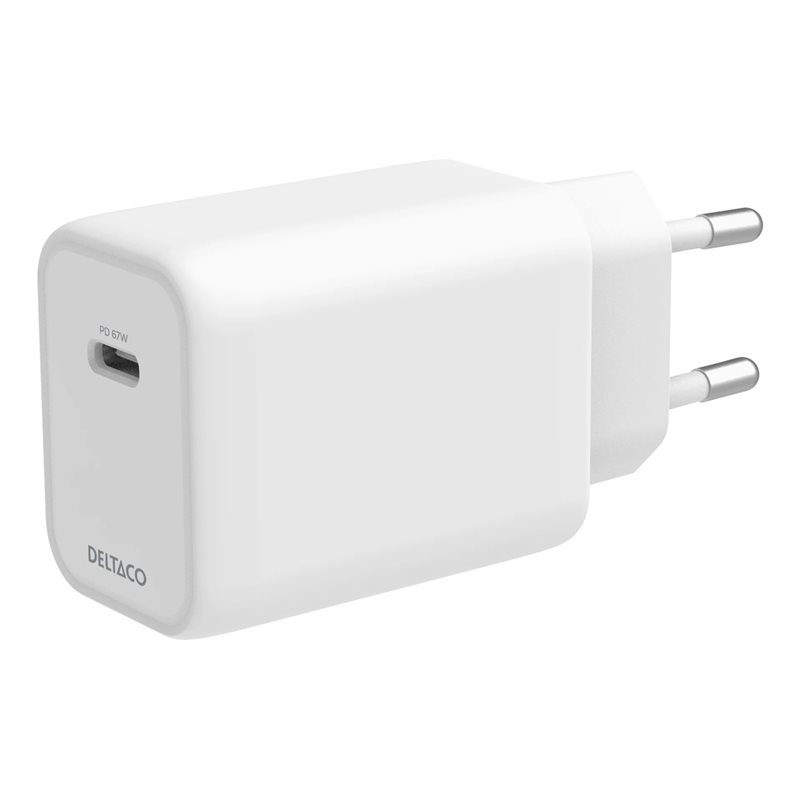 Deltaco 67W GaN-verkkovirtalaturi, USB-C PD, valkoinen