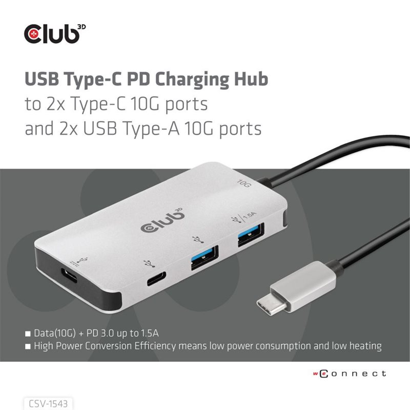Club 3D 2+2-porttinen 3.2 Gen2 USB-C -hubi, hopea - Kuva 2