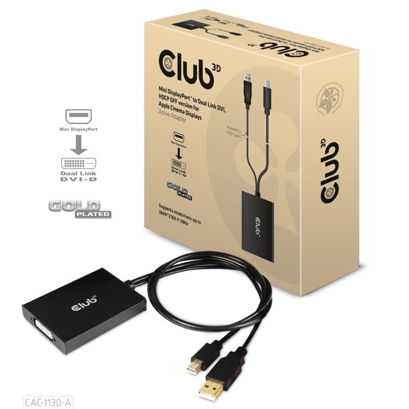 Club 3D Mini DisplayPort - Dual Link DVI -näyttöadapteri, HDCP OFF-versio Apple Cinema -näytölle, 0,6m, must