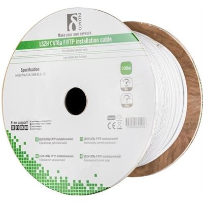 Deltaco F/FTP Cat6a suojattu asennuskaapeli, LSZH, 305m kela, valkoinen