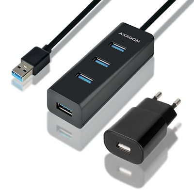 AXAGON 4-porttinen 3.2 Gen1 USB-A -hubi bundle, lisävirralla, virta-adapteri + 1,5m -kaapeli, musta