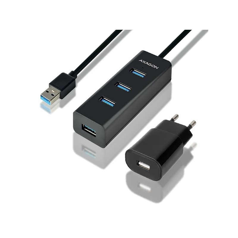 AXAGON 3.0 USB-A-hubi bundle, 4x USB-A, micro-USB lisävirta, virta-adapteri+1,5m -kaapeli, 1,2m, musta