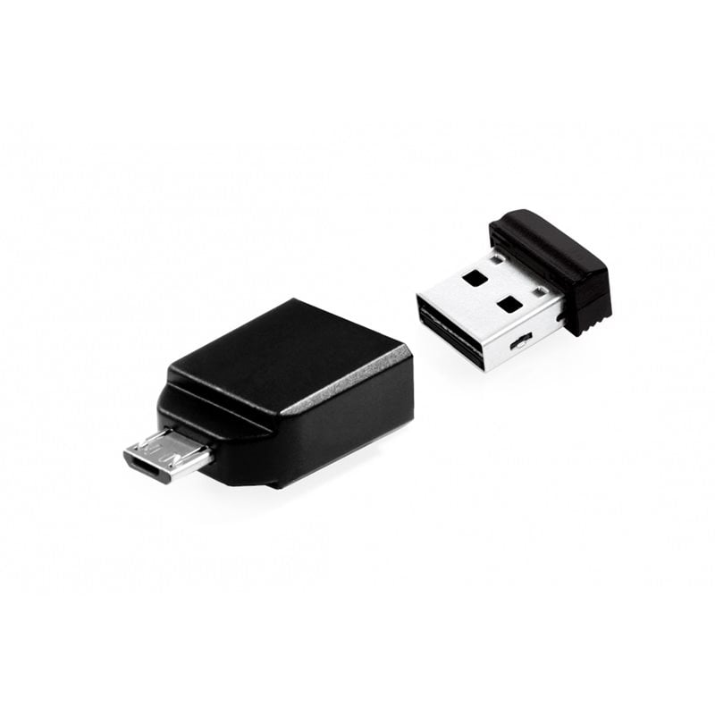 Verbatim 16GB Store 'N' Go Nano, 2.0 USB-A -muistitikku, Micro-USB-adapterilla, musta