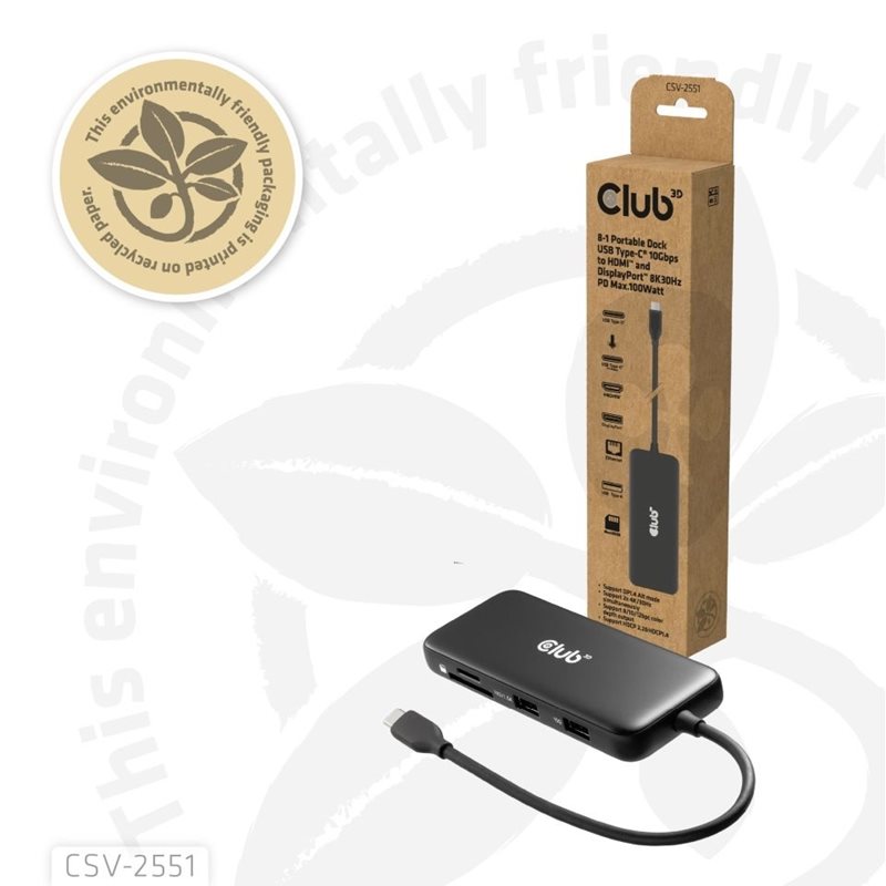 Club 3D 3.2 Gen2 8-in-1 -telakka, musta - Kuva 2