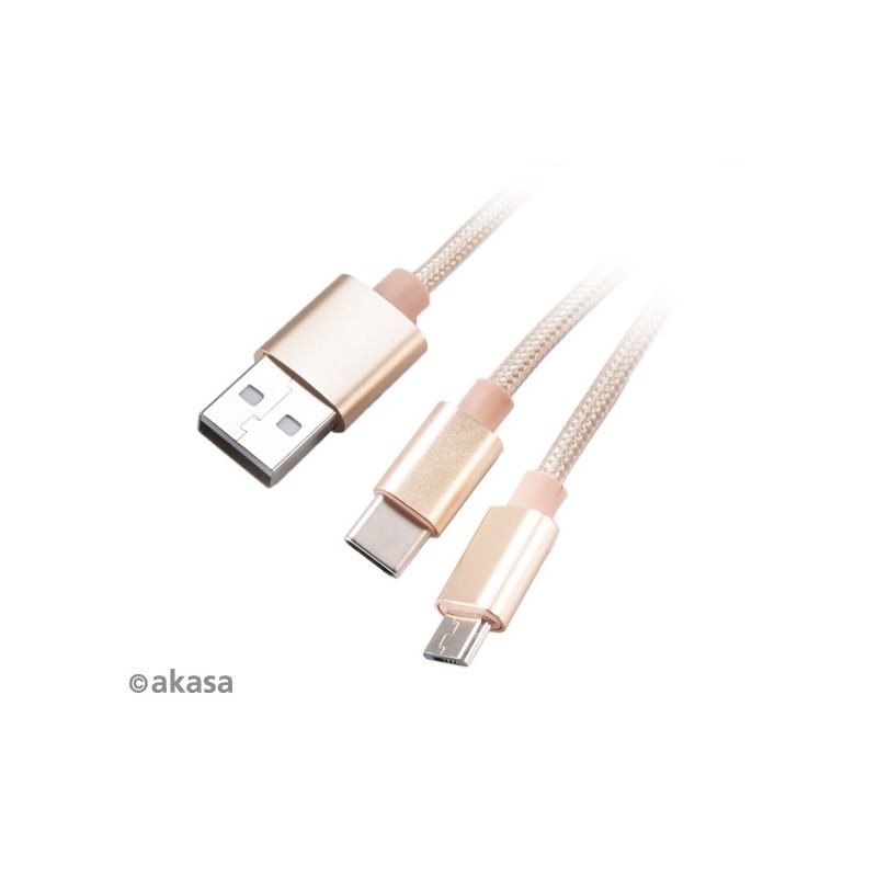 Akasa 2.0 USB-A - USB-C + Micro-USB -kaapeli, 1,2m, kulta