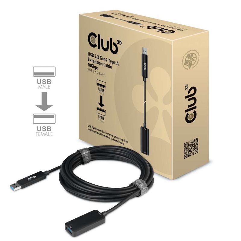 Club 3D 3.2 Gen2 USB-A -jatkokaapeli, aktiivinen, uros-naaras, 5m, musta