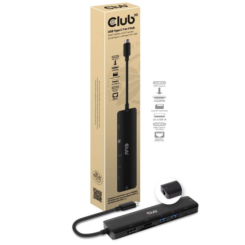 Club 3D 3.2 Gen1 USB-C 7in1 -hubi, musta