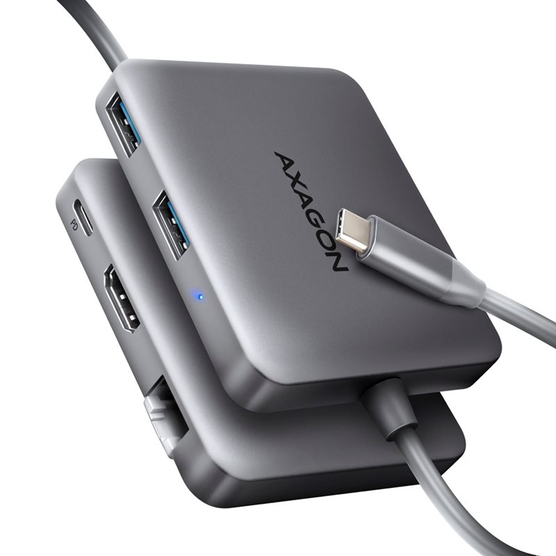 AXAGON 3.2 Gen 1 USB-C-hubi, HDMI, 2x USB-A, GLAN, PD3.0 100W 5A, 0,19m, hopea