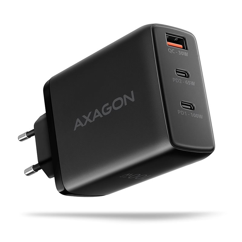 AXAGON 100W GaN-verkkovirtalaturi, 2x USB-C + USB-A, PD3/QC4+, musta