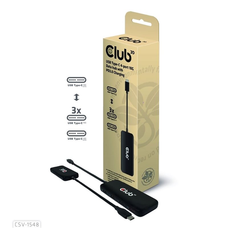 Club 3D 3.1 Gen2 neljäporttinen USB-C hubi PD3.0 100W latauksella, musta