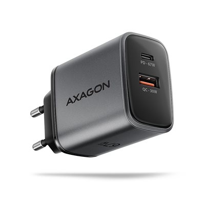 AXAGON 67W verkkovirtalaturi, USB-C + USB-A, PD3.0/QC3, harmaa
