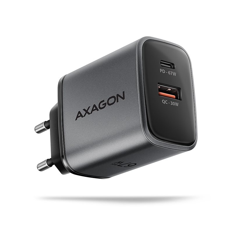 AXAGON 67W verkkovirtalaturi, USB-C + USB-A, PD3.0/QC3, harmaa