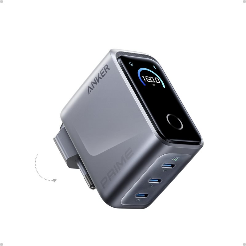 Anker 160W Prime Charger, GaN-verkkovirtalaturi, 3x USB-C, harmaa