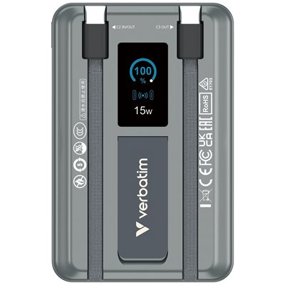 Verbatim 10 000mAh Charge 'n' Go, varavirtalähde telineellä, Magsafe, 2x USB-C PD, harmaa