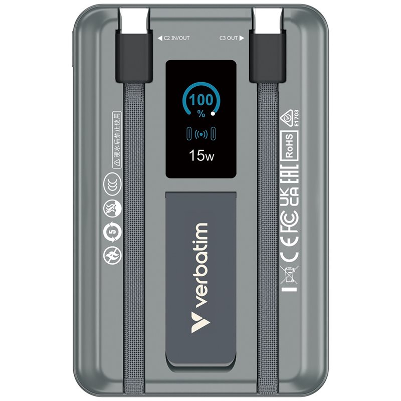 Verbatim 10 000mAh Charge 'n' Go, varavirtalähde telineellä, Magsafe, 2x USB-C PD, harmaa