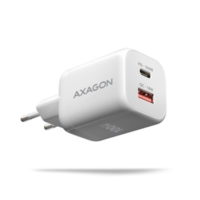 AXAGON 100W GaN -laturi, USB-C, USB-A, valkoinen