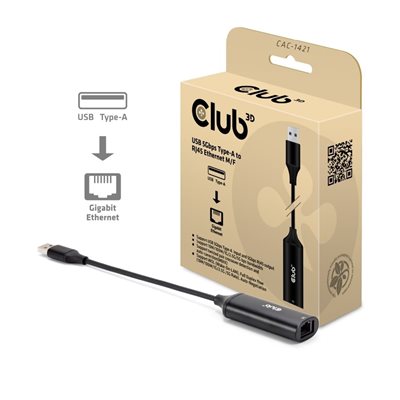 Club 3D 5 Gigabit Ethernet -verkkoadapteri, 3.2 Gen1 USB-A, musta