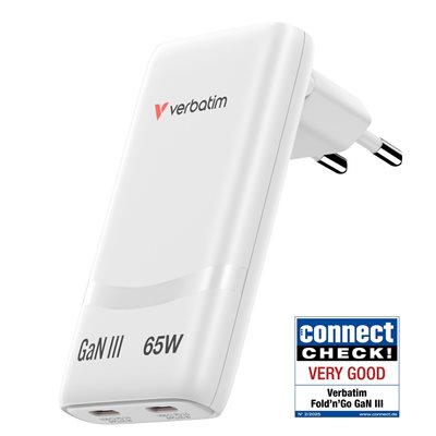Verbatim 65W Fold 'n' Go GaN-verkkovirtalaturi, 2x USB-C PD3.0 65W, valkoinen