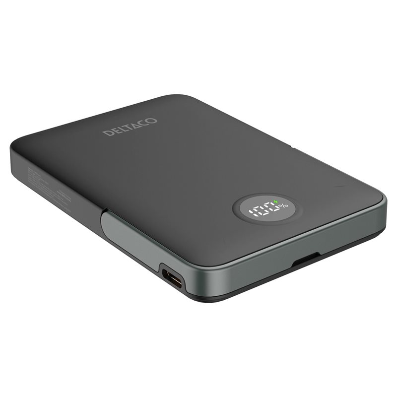 Deltaco 5000 mAh varavirtalähde, langaton MagSafe lataus + USB-C PD 20W, musta