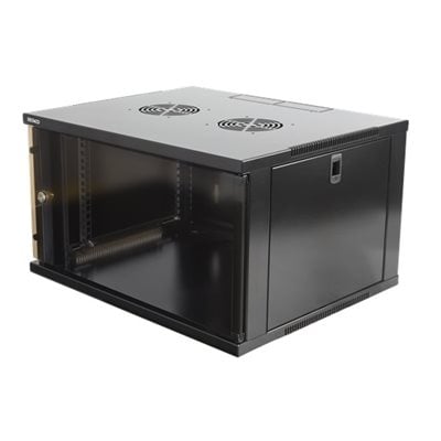 Deltaco 19" räkkikaappi, 6U, 540 x 450 mm, toimii lattiamallisena tai seinälle asennettuna, lasiovi, musta