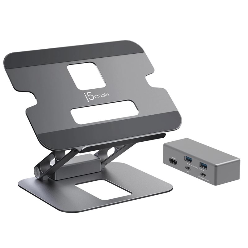 j5create Kannettavan tietokoneen teline 4-in-1 USB-C -telakalla, hopea