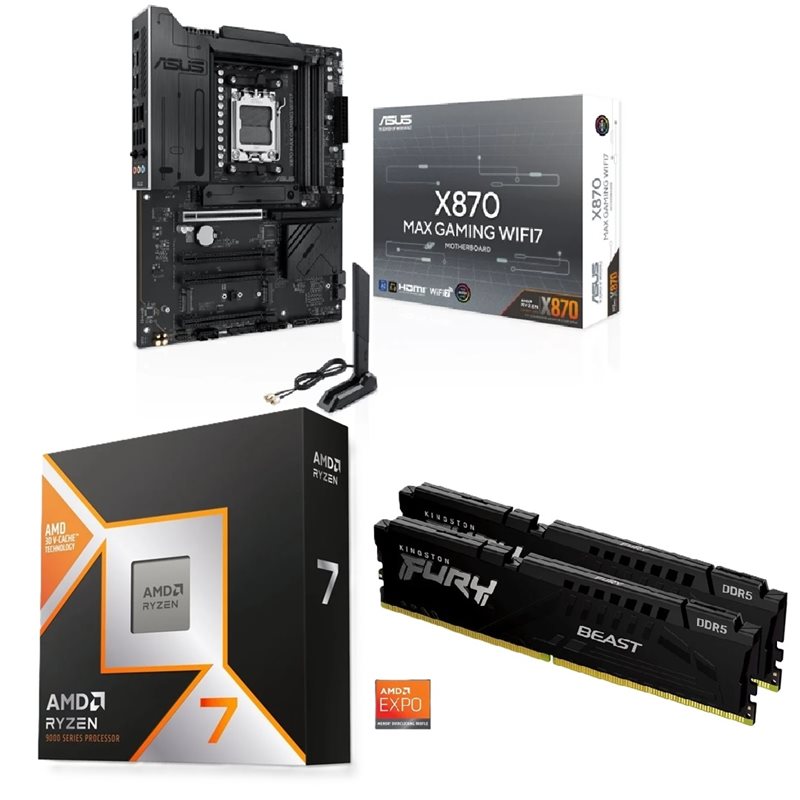 Asus X870 MAX GAMING WIFI7+ Ryzen 7 9800X3D + 32GB DDR5 6000MHz -tuotepaketti