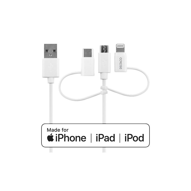 Deltaco USB-A to 3in1, Micro USB, USB-C, Lightning, 1m, valkoinen (Tarjous! Norm. 16,90€)