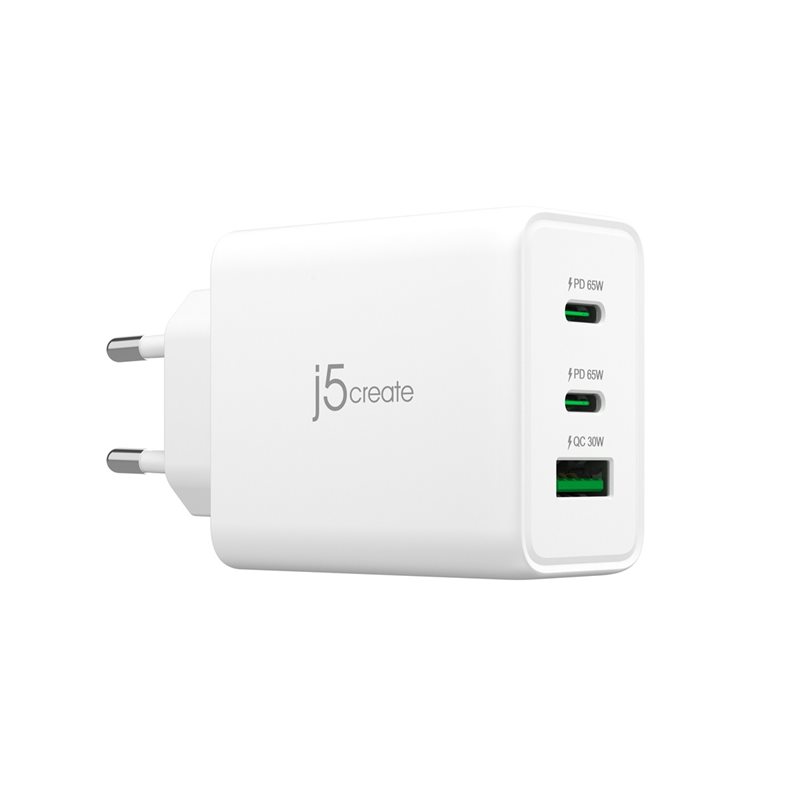 j5create 65W GaN-verkkovirtalaturi, 2x USB-C, USB-A, valkoinen