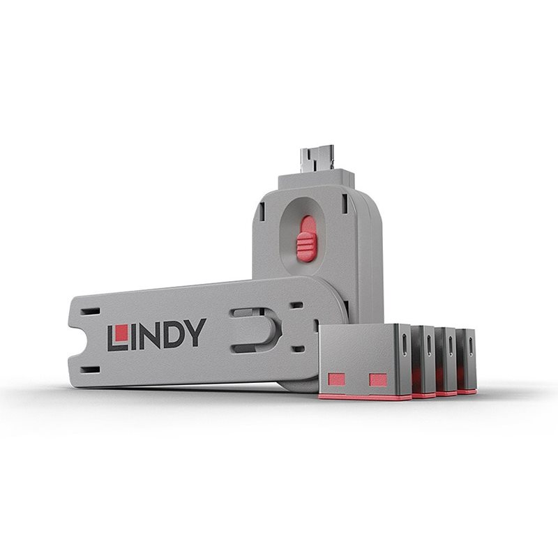 Lindy USB-A Port Blocker, 4kpl + avain, pinkki/harmaa