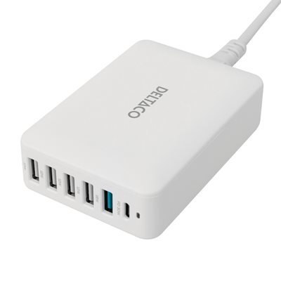 Deltaco 60W USB-latausasema, USB-C PD + 5x USB-A, valkoinen