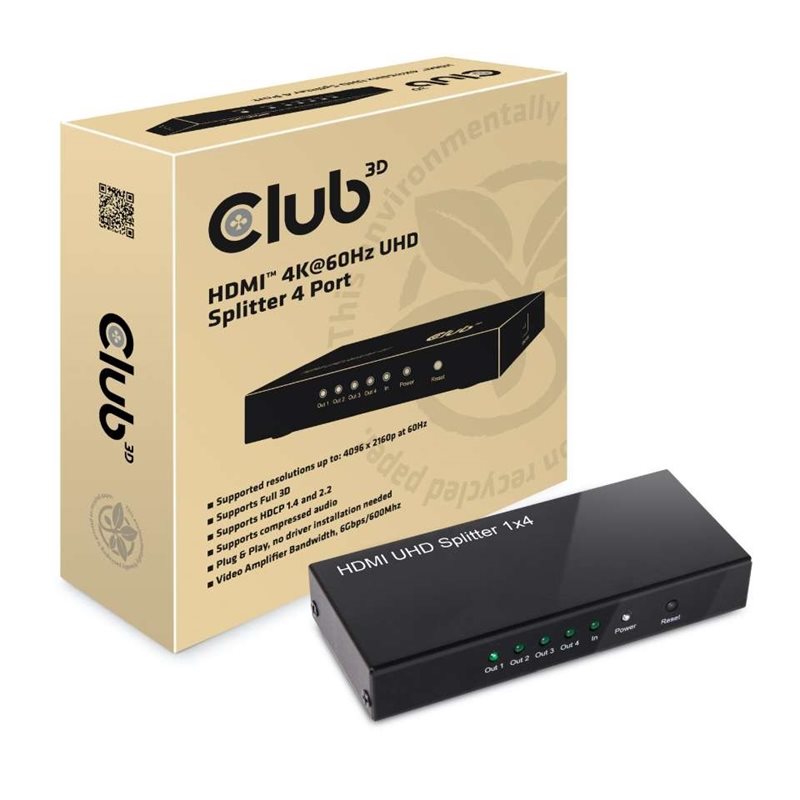 Club 3D 1 -> 4 HDMI 2.0 -jakaja, 4K60Hz, musta