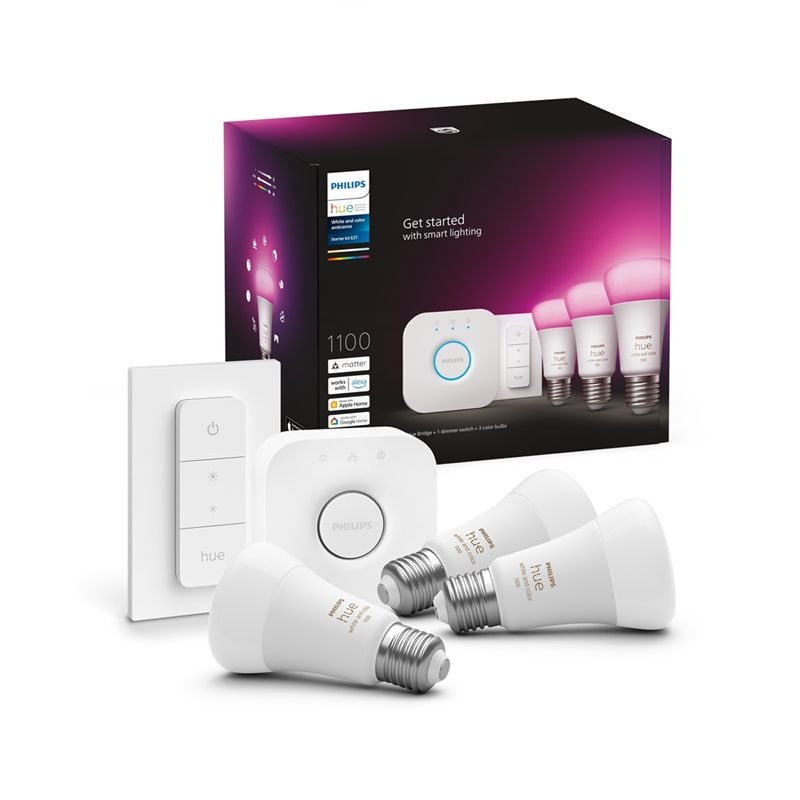 Philips Hue White and Color Ambiance 3x E27 (1055lm) -aloituspakkaus, silta ja 2x himmennin, valkoinen