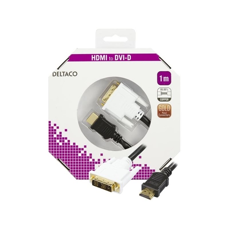 Deltaco HDMI ur - DVI-D Single Link ur, musta/valkoinen 1m