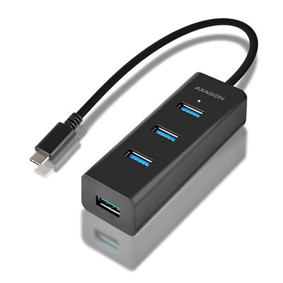 AXAGON 4-porttinen 3.2 Gen1 USB-C -hubi, lisävirralla, 0,4m, musta