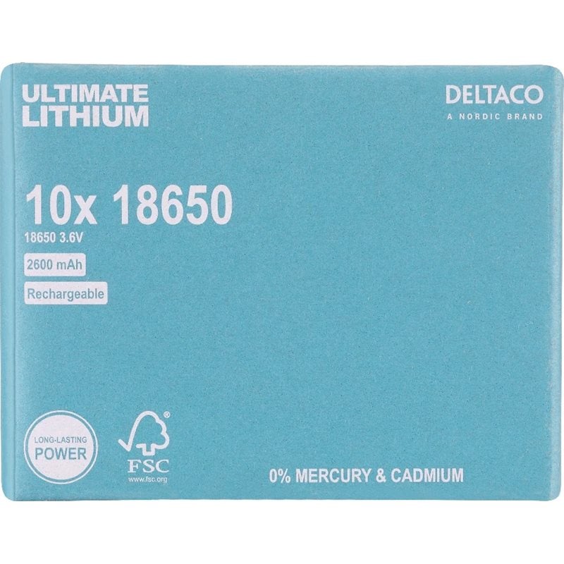 Deltaco 18650 Lithium -akkuparisto, 2600mAh, 10kpl