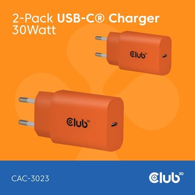 Club 3D 30W GaN-verkkovirtalaturi, USB-C PD3.0, oranssi, 2 kpl