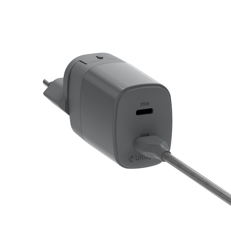 Unisynk 35W USB-C -verkkovirtalaturi matkasovittimilla, 2x USB-C, PD3.0, harmaa